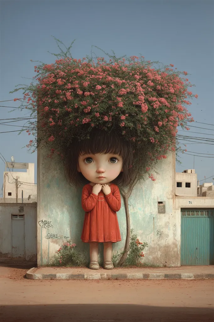 A surreal digital painting depicts a young girl with a large head of pink bougainvillea flowers, standing demurely in a red dress.  Her hands are clasped in front of her. She is positioned against a weathered wall in a seemingly arid, urban landscape, suggesting a contrast between the vibrancy of nature and the harshness of the environment. The overall mood is serene yet slightly melancholic.