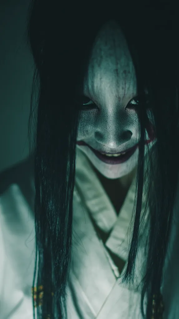 A close-up shot depicts a pale-faced woman with long, dark hair, dressed in a white robe. Her expression is unsettling, a sinister smile playing on her lips, and her eyes gleam with a chilling intensity.  The overall mood is dark and eerie, creating a sense of unease and horror.  The image's coloring and lighting enhance the ghostly, spectral quality of the subject.