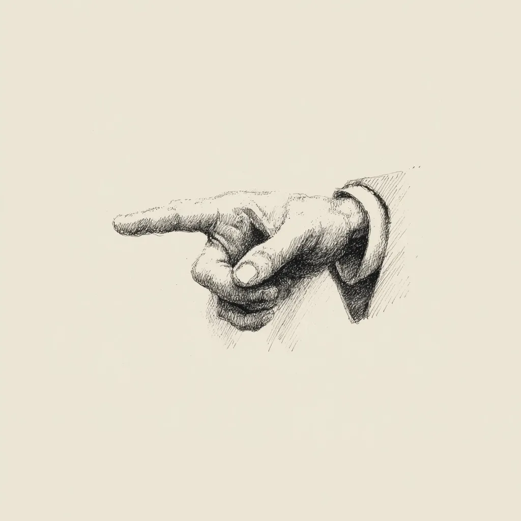 A detailed pen-and-ink drawing showcases a hand extending its index finger, pointing towards the viewer's left.  The hand is depicted with meticulous detail, highlighting the texture of the skin and the lines of the wrist and cuff.  The style is realistic, with shading providing depth and dimension to the image.  The overall effect is a strong and direct visual cue.