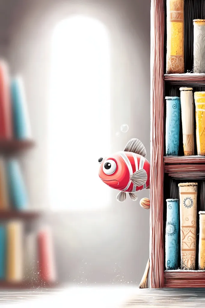 A whimsical illustration depicts a cartoon clownfish peering from behind a wooden bookshelf filled with colorful books.  The fish's large eyes and curious expression add to the charming scene, set against a softly lit background with blurred bookshelves.  The overall style is playful and imaginative, suggesting a children's book or story.