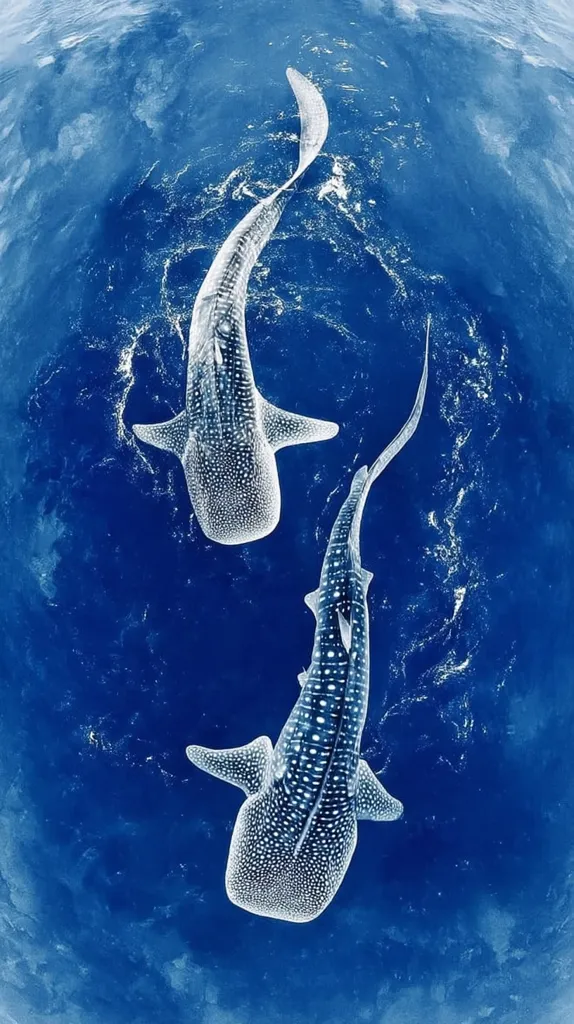 Two whale sharks gracefully swim in a vibrant blue ocean. Viewed from below, their distinctive white spots and patterns are clearly visible against the deep blue backdrop. The sharks appear to be swimming in tandem, creating a serene and captivating underwater scene.  The image evokes a sense of tranquility and the beauty of marine life.