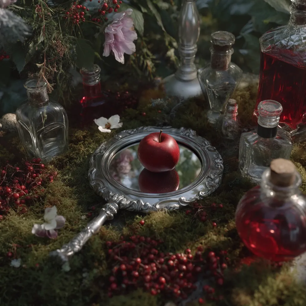 A red apple sits in the center of an ornate silver hand mirror, its reflection mirrored below.  Surrounding the mirror are various glass bottles and vials filled with red and clear liquids, nestled amongst moss and red berries.  The scene is dark and moody, reminiscent of a fairytale or potion-making setting.  Delicate white flowers add a touch of contrast.