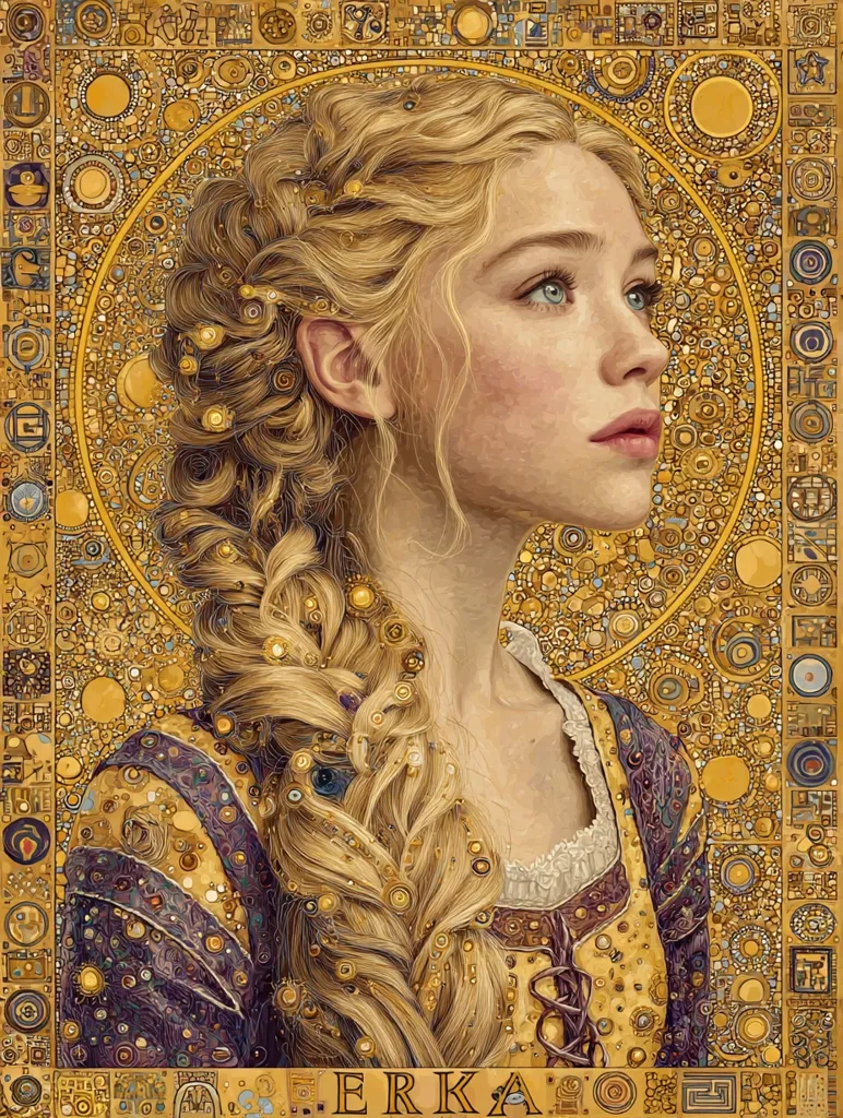 A portrait in the style of Gustav Klimt depicts a young woman with long, blonde hair styled in a braid.  Her expression is serene, her gaze directed to the side. The background is a mosaic of gold and muted colors, swirling around her in an ornate frame. The artist's signature, "ERKA," is subtly placed at the bottom.  The overall effect is luxurious and evocative of Art Nouveau.