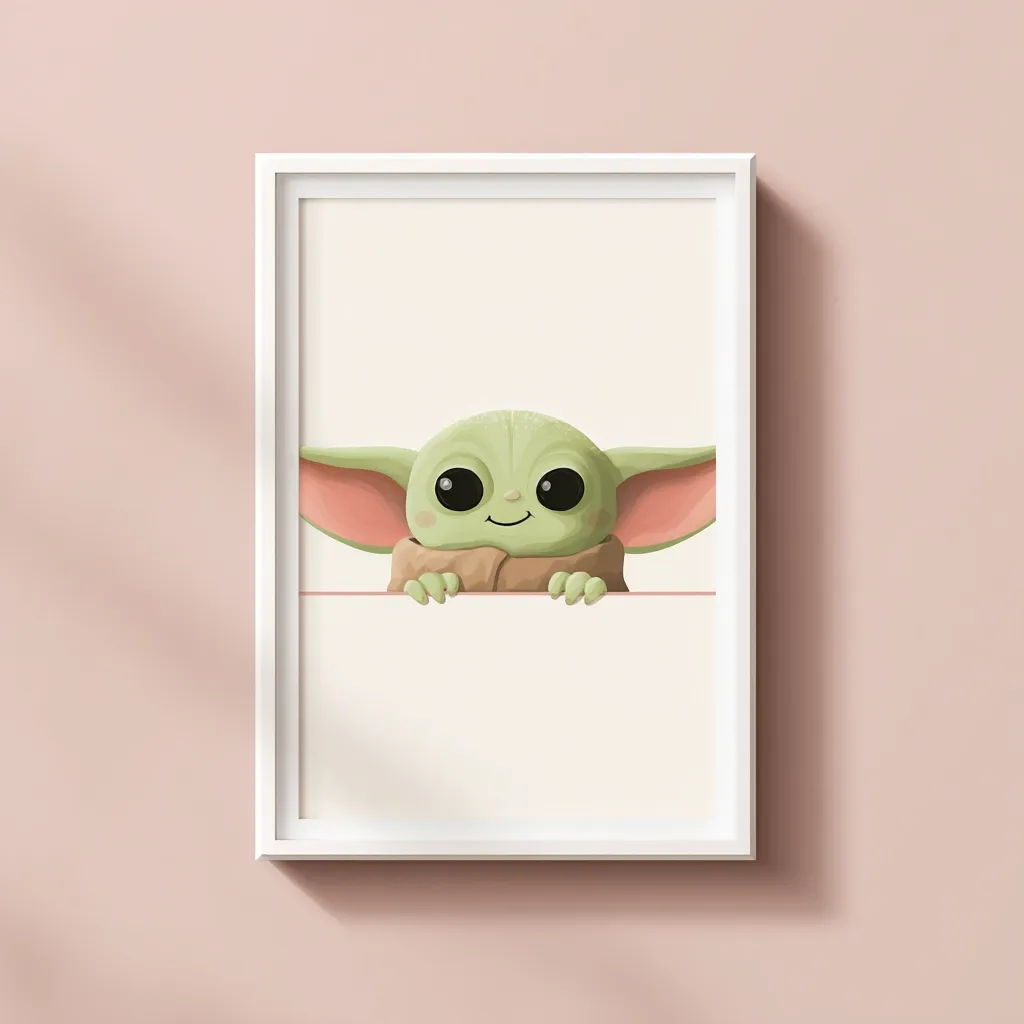 A cute illustration of Grogu, also known as "Baby Yoda," from Star Wars, is presented in a white frame against a pale pink background.  The adorable character peeks over a white border, showcasing his large eyes and endearing smile. The overall aesthetic is minimalist and child-friendly, perfect for a nursery or playroom.