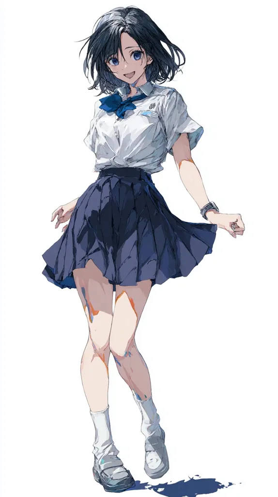 An anime-style girl with short, dark hair is depicted wearing a white, short-sleeved school shirt, a dark blue pleated skirt, white socks, and dark shoes.  She has a cheerful expression and is subtly posed in motion, suggesting movement or a playful demeanor. The art style is loose and slightly impressionistic, with visible brushstrokes contributing to a dynamic feel. The background is plain white, drawing attention solely to the character.