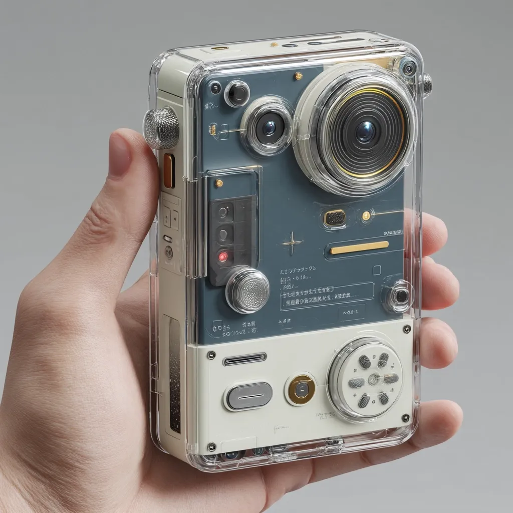 A hand holds a futuristic, transparent phone case.  The case features a retro-inspired design with multiple buttons, dials, and lenses.  Its color scheme is predominantly off-white and dark teal, with gold accents.  The phone's interface includes small screens and what appears to be Japanese text. The overall aesthetic blends vintage technology with modern design elements.