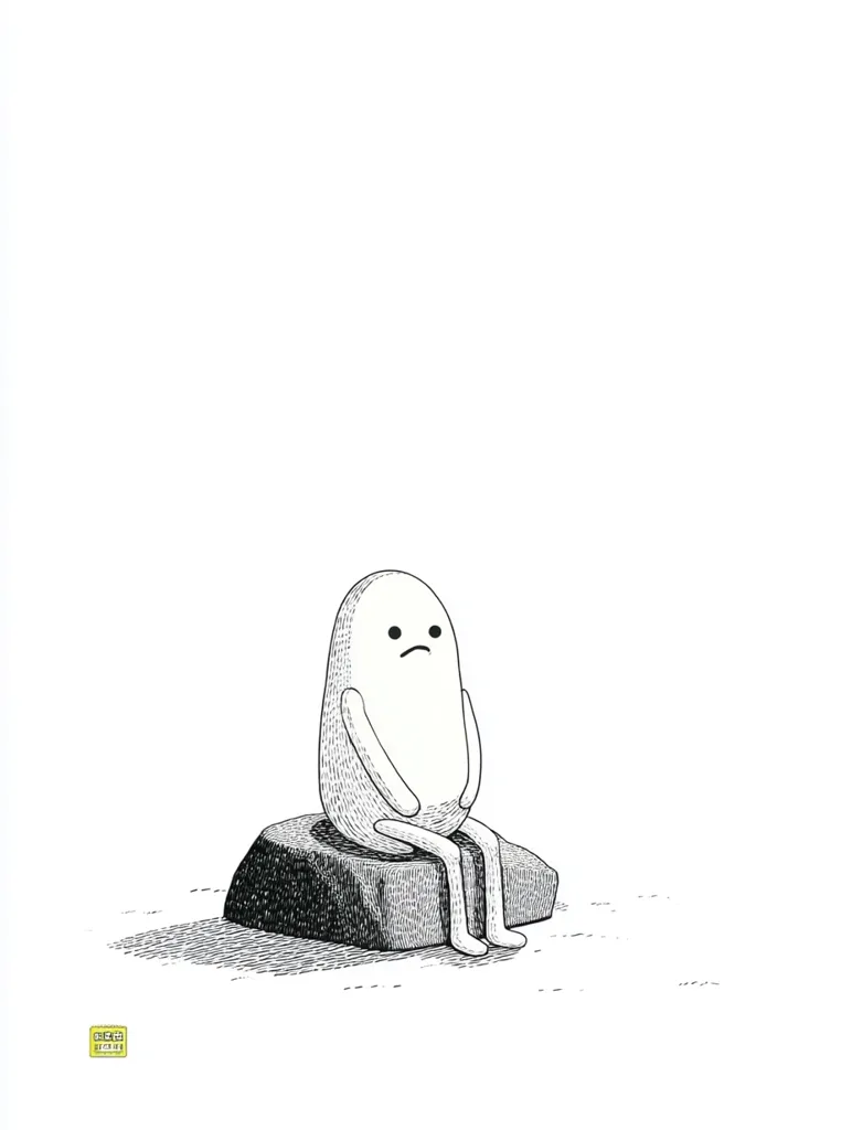 A minimalist ink drawing depicts a small, pebble-like creature with a sad expression sitting on a rock.  The creature has simple features and limbs, conveying a sense of loneliness or melancholy.  The background is sparsely detailed, focusing attention on the solitary figure. The overall style is simple yet evocative.
