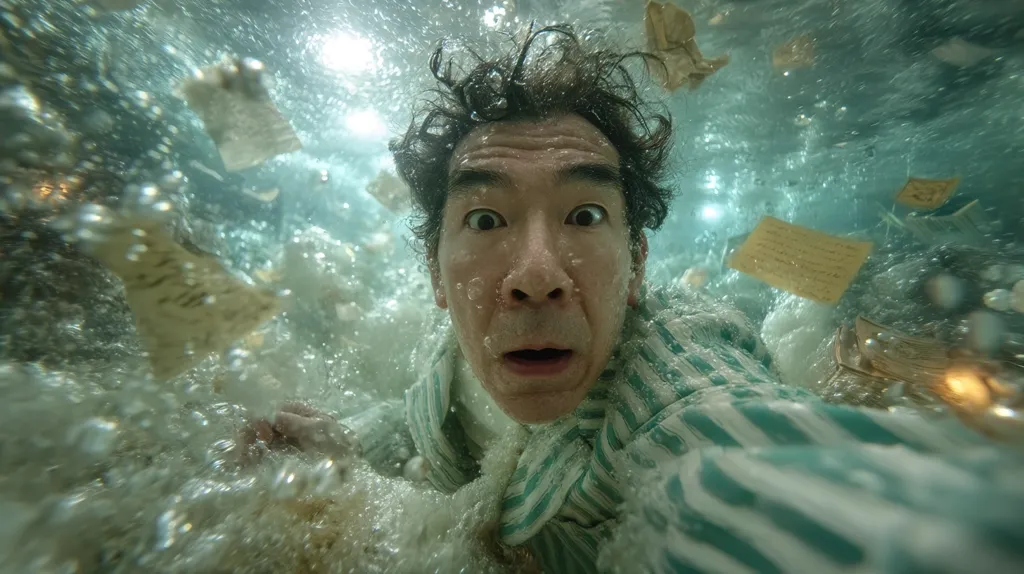 A close-up underwater shot shows a man with a surprised expression, submerged in murky water.  He wears a teal and white striped pajama-like top.  Surrounding him are numerous pieces of swirling paper, creating a chaotic and submerged scene. Bubbles rise around him, enhancing the underwater effect. His wide eyes and open mouth convey a sense of panic or distress.