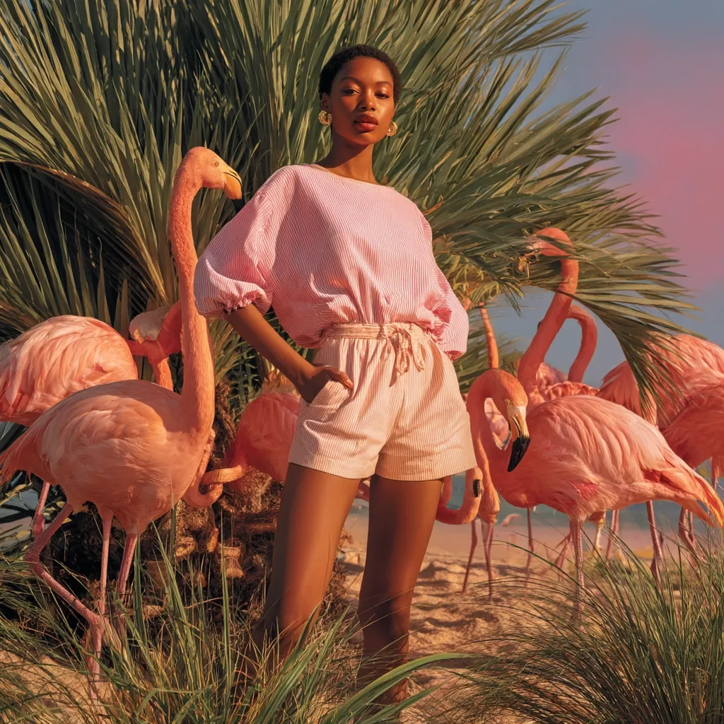 A dark-skinned woman with short hair models a pink striped blouse and matching shorts.  She stands amidst a flock of pink flamingos near a palm tree, posing with one hand in her pocket.  The scene is bathed in warm, sunset light, creating a tropical and vibrant atmosphere.  Large gold earrings complement her outfit.