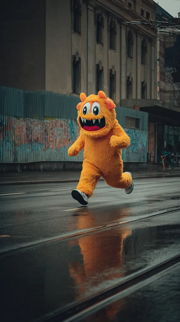 A fuzzy, orange monster mascot runs down a rain-slicked city street.  The monster is brightly colored with a toothy grin, and wears dark shoes. The background features a weathered building with graffiti-covered walls, adding a stark contrast to the vibrant costume. The wet street reflects the monster's image, creating a surreal and slightly eerie atmosphere.