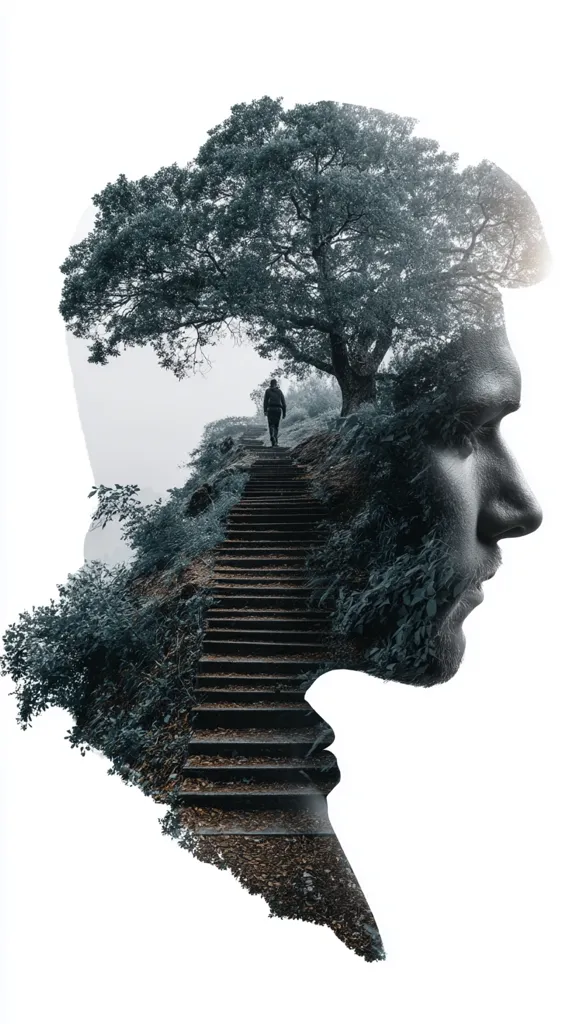 A double exposure image features a man's profile superimposed with a landscape.  A large tree dominates the head and shoulders, while a stairway leading upwards is visible within the face. A lone figure walks up the steps, symbolizing a journey or introspection. The monochromatic palette enhances the contemplative mood. The overall effect is surreal and thought-provoking, suggesting inner landscapes and personal growth.