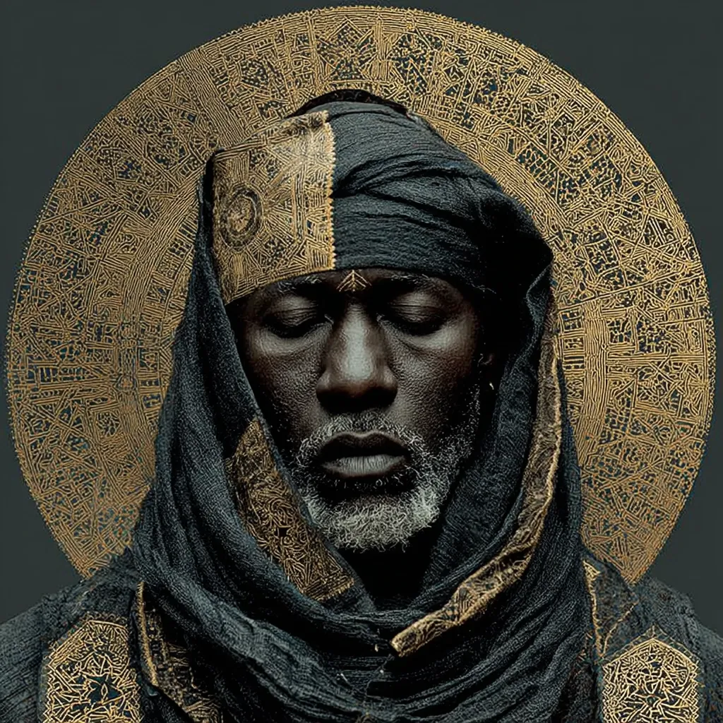 A serene portrait of a dark-skinned man, his eyes closed in contemplation. He's adorned in a dark, richly textured headwrap and robe, embellished with intricate gold detailing.  A large, circular golden halo, also intricately patterned, frames his head. The overall effect is one of spiritual peace and regal dignity.
