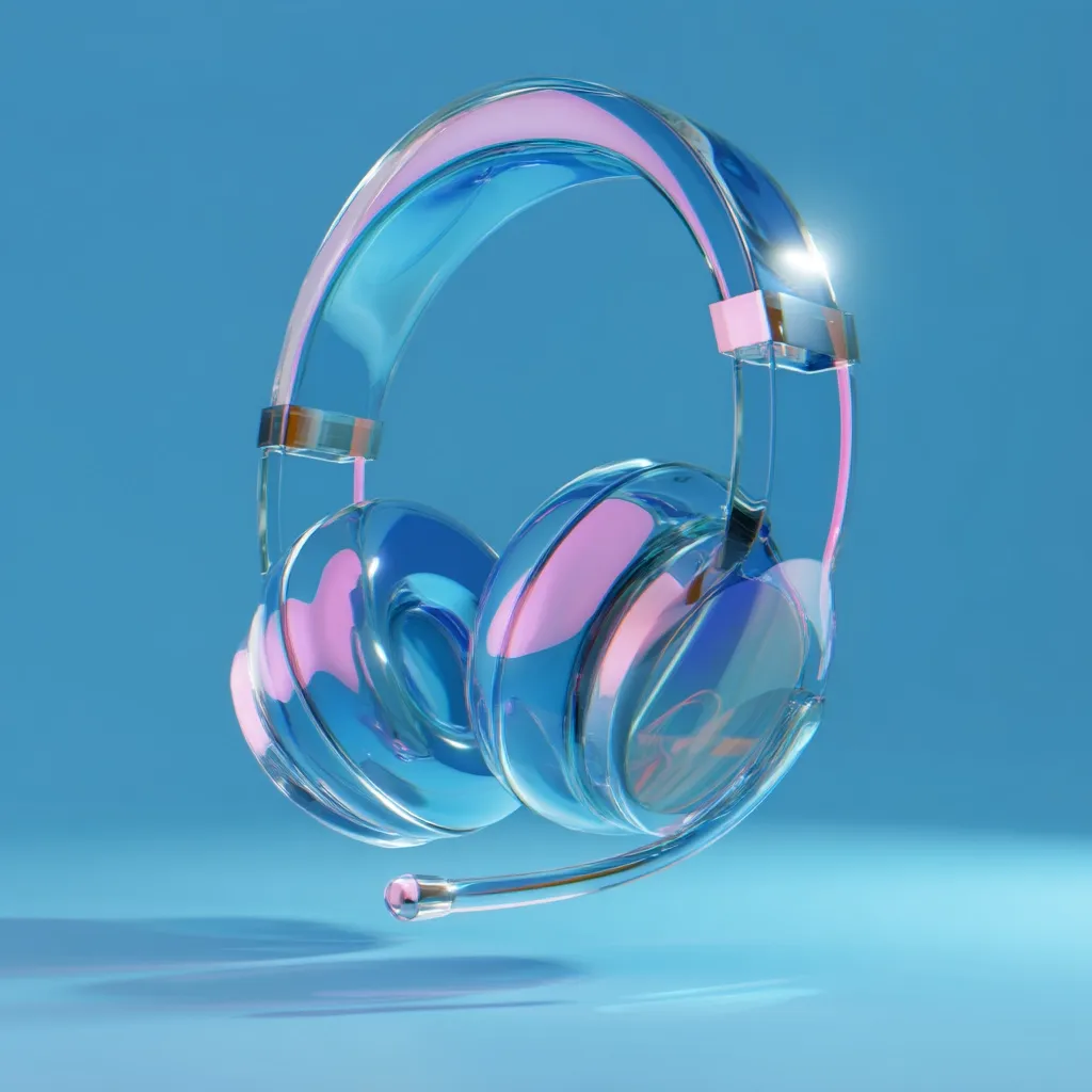 A pair of transparent, iridescent blue headphones with a pink tint floats against a light blue background.  The headphones have a sleek, modern design and a built-in microphone.  The image is stylized, with a focus on the headset's reflective qualities and ethereal appearance. The overall impression is one of coolness and futuristic technology.