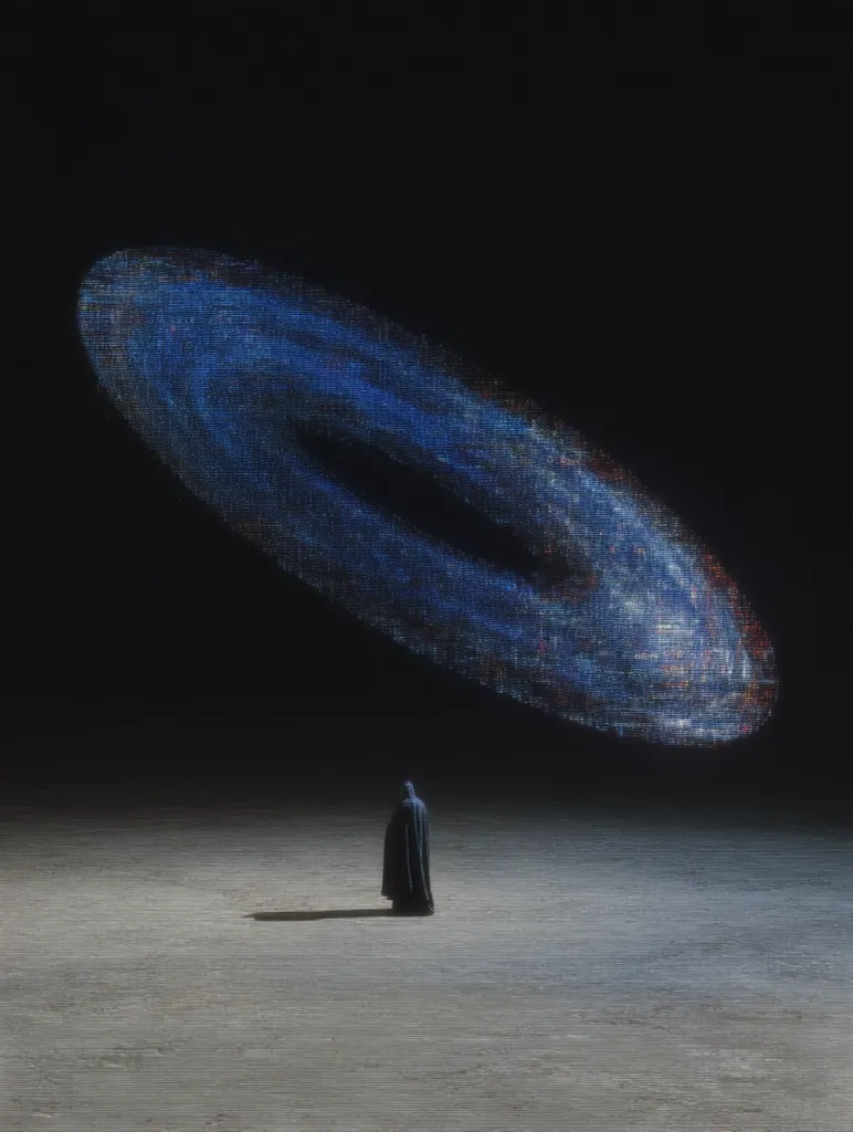 A lone figure, cloaked and hooded, stands on a desolate, light gray plain.  Above, a large, swirling nebula-like formation dominates the dark sky.  The nebula is rendered with a pixelated, digital effect, creating a contrast between the organic form and technological representation. The scene evokes a sense of mystery and isolation, possibly suggesting a cosmic encounter or contemplation.