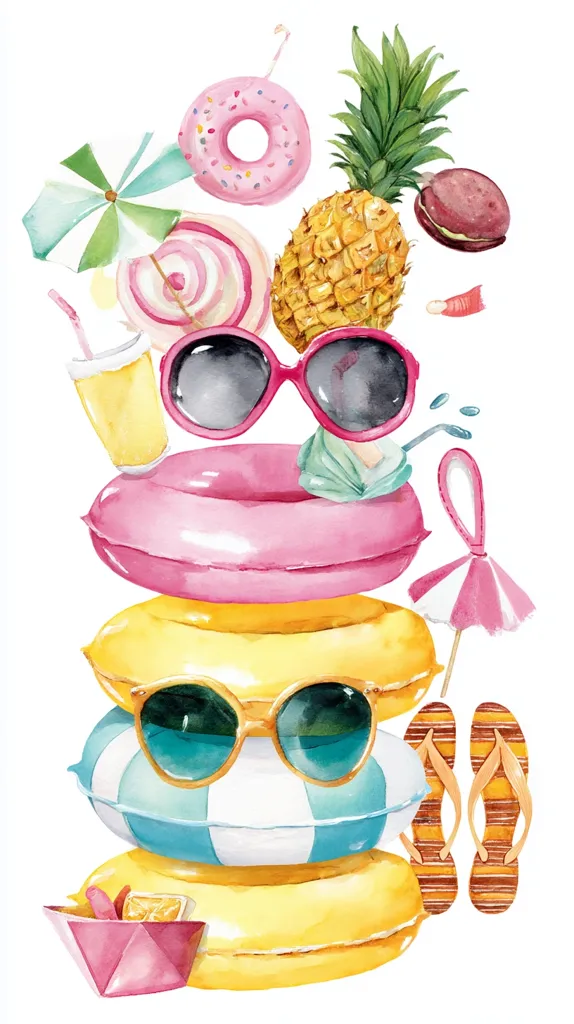 A watercolor illustration depicts a whimsical summer scene. Stacked inflatable rings in pink, yellow, and blue are topped with sunglasses.  Surrounding them are a pineapple, donut, lollipops, juice box, flip-flops, and small parasols. The vibrant colors and playful arrangement evoke a carefree summer mood.