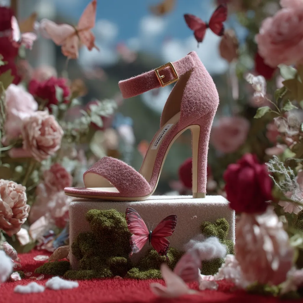 A delicate pink fuzzy high-heeled sandal rests on a small, moss-covered platform.  Surrounding the shoe is a lush arrangement of pink and burgundy roses and several butterflies in flight, creating a whimsical, fairytale-like setting. The overall scene evokes a sense of romance and elegance.