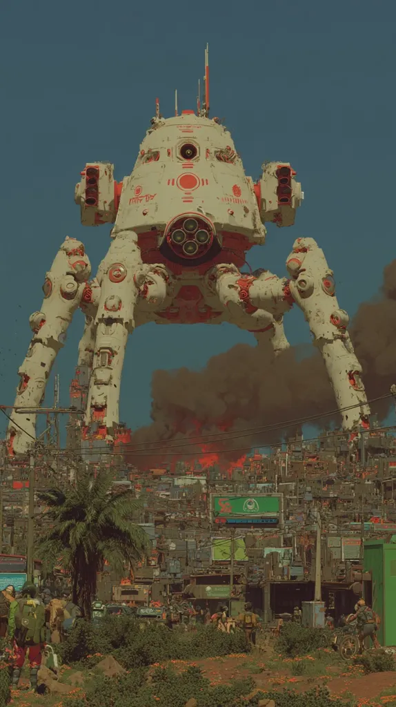 A massive, multi-legged, beige and orange war machine looms over a dense, impoverished cityscape.  Smoke and fire billow from the city below, suggesting recent conflict or destruction.  The robot's weathered appearance and the overall scene depict a post-apocalyptic or dystopian setting.  Civilians are visible in the foreground, observing the colossal machine.
