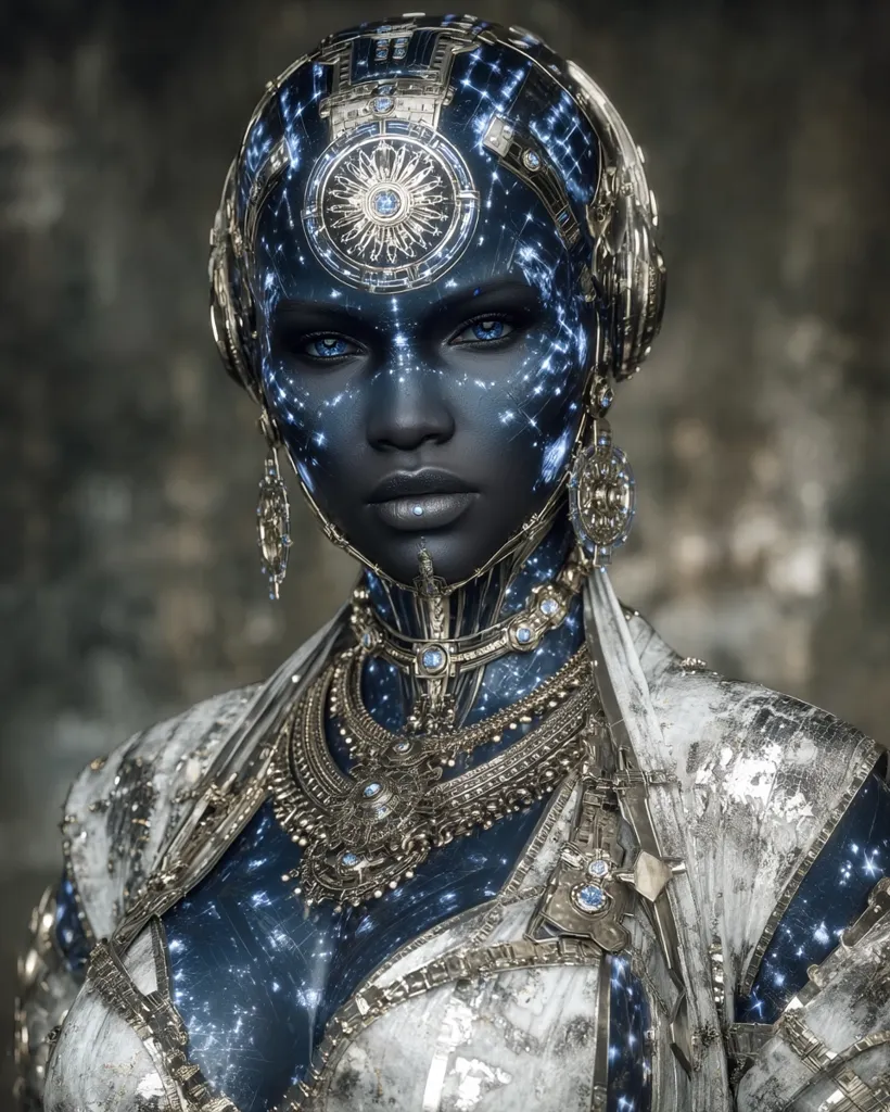 A digital portrait of a regal Black woman, seemingly cyborg-like, with intricate metallic headwear and ornate gold jewelry.  Her skin glows with a nebula-like pattern of blue light.  The image blends futuristic technology with traditional adornments, creating a striking and otherworldly aesthetic.  Her expression is serious and poised, emphasizing her powerful presence.