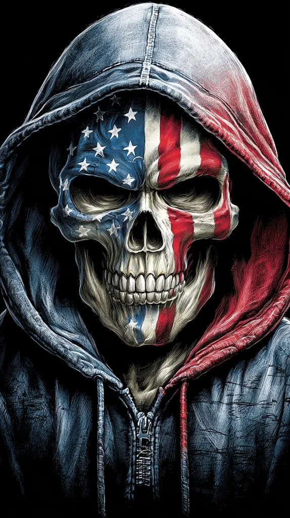 A detailed illustration depicts a skull wearing a hoodie. The skull's face is painted with the American flag; the left side displays the stars, and the right side shows the red and white stripes.  The hoodie is dark, with a distressed texture, adding to the image's gritty and edgy aesthetic. The skull's expression is intense and serious, creating a powerful visual impact.