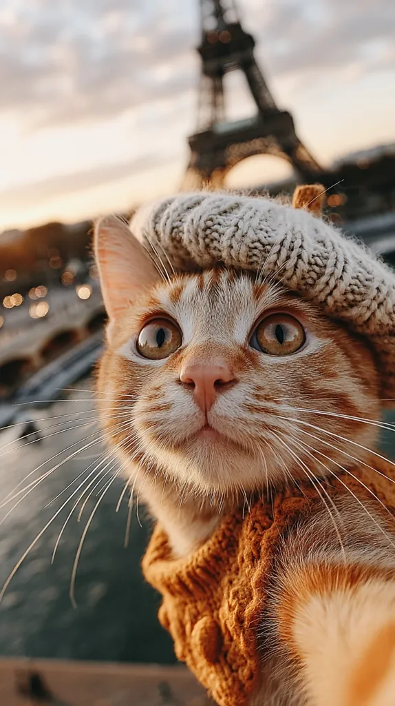 An orange tabby cat, wearing a knitted beret and sweater, takes a selfie with the Eiffel Tower blurred in the background. The warm, golden light suggests a sunset. The cat's expression is curious and endearing, enhancing the charming and whimsical nature of the image.  The scene evokes a sense of Parisian chic and feline adventure.