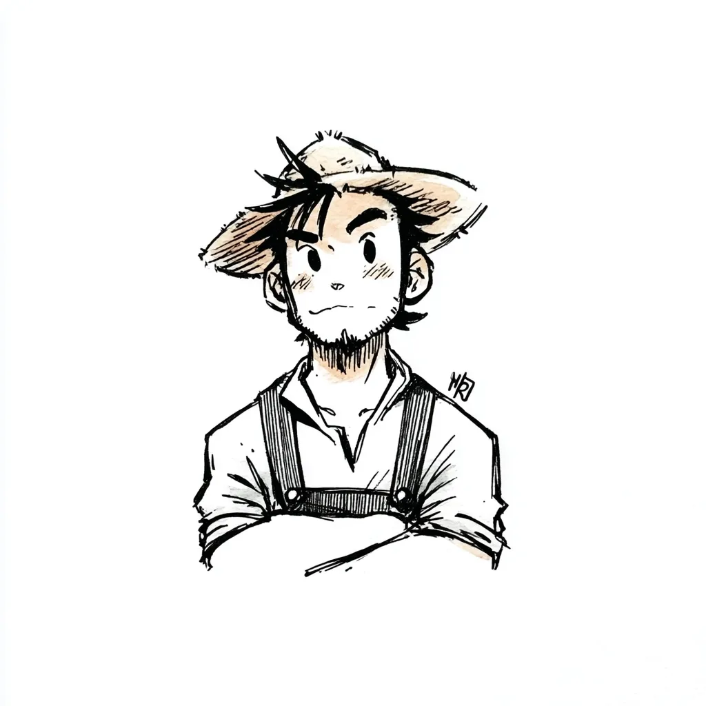 A stylized ink drawing of a young farmer. He wears a straw hat and overalls, his arms crossed confidently.  His expression is serious yet approachable, with slightly exaggerated features in a cartoonish style.  The artwork uses bold outlines and subtle shading for a whimsical, expressive effect.