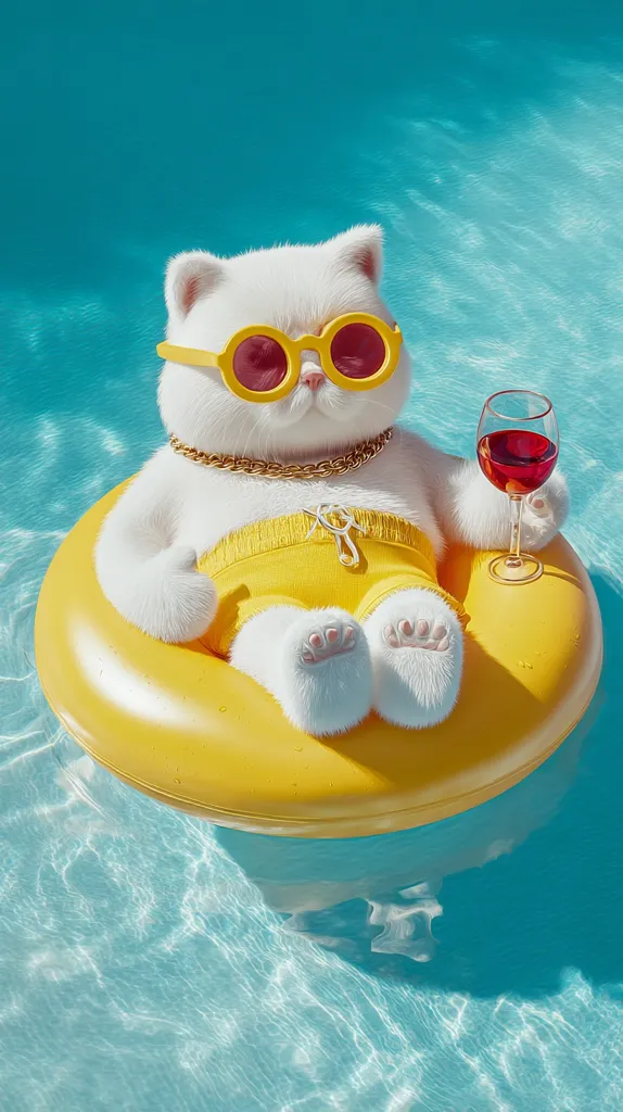 A fluffy white cat, wearing yellow sunglasses and a matching swimsuit, relaxes in a yellow inflatable ring in a turquoise swimming pool.  It holds a glass of red wine, exuding a sophisticated and playful summer vibe. The cat's gold chain adds a touch of luxury to the scene.  The image is digitally rendered, with a focus on vibrant colors and whimsical details.