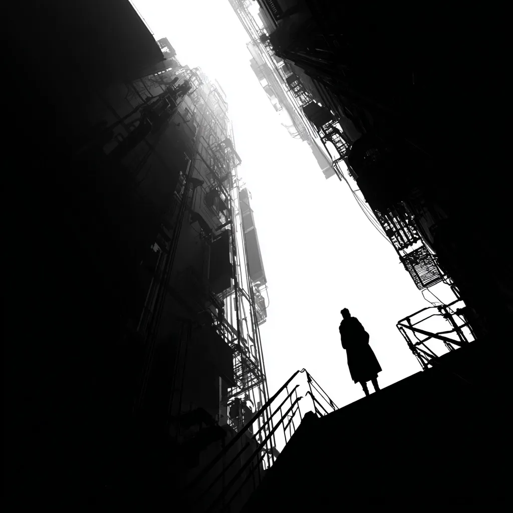 A solitary figure, silhouetted against a bright, unseen sky, stands on a dark, metallic staircase.  The staircase ascends between two towering, shadowy structures, their intricate metalwork extending upwards into the light. The scene evokes a sense of isolation and mystery within a futuristic, possibly dystopian, urban environment. The stark black and white contrast enhances the dramatic mood.