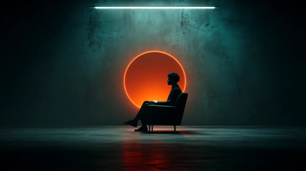 A silhouetted man sits in a dark armchair against a teal textured wall.  Behind him, a large, bright orange circle glows, illuminated by a long, slender fluorescent light above. The scene is moody and atmospheric, with a strong contrast between light and shadow. The overall aesthetic is minimalist and evocative.