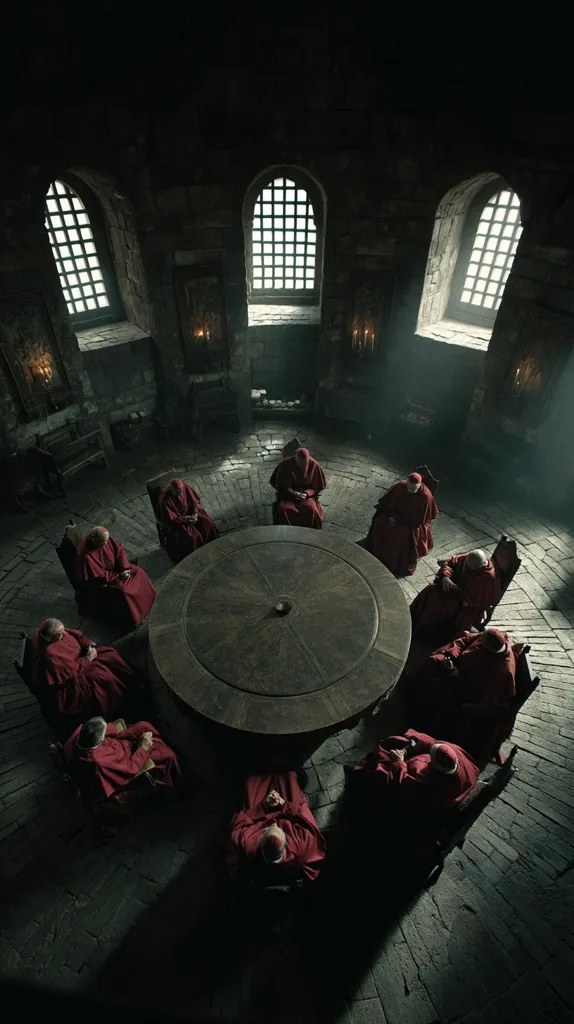 A high-angle, dimly lit shot reveals a circular stone room.  Eleven figures, cloaked in deep red robes and hooded, are seated around a large, dark wooden table.  The room's architecture is medieval, featuring arched stone windows letting in shafts of light.  The overall atmosphere is somber and mysterious.
