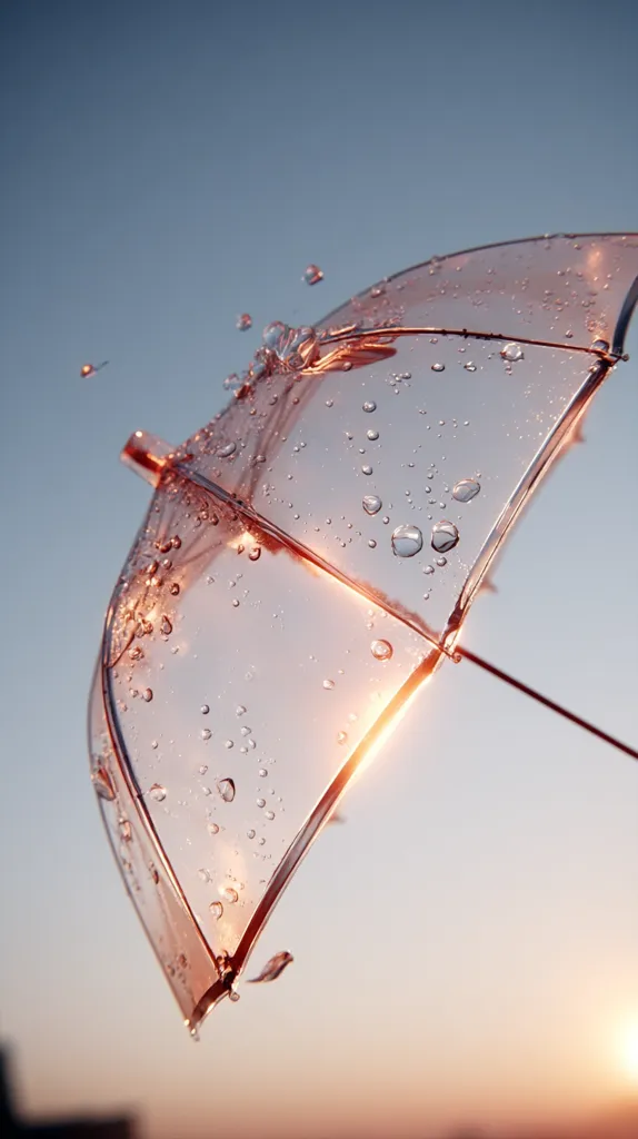 A translucent pink umbrella, speckled with raindrops, is captured against a serene sunset sky. The image showcases the beauty of a simple object, illuminated by the warm glow of the setting sun.  Water droplets cling to the umbrella's surface, adding a touch of ethereal elegance to the scene. The overall mood is peaceful and calming, evoking feelings of tranquility and serenity.