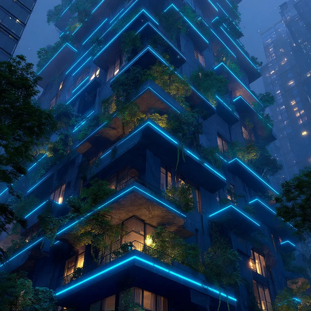 A futuristic, vertical garden apartment building is illuminated with vibrant blue neon lights outlining each level.  Lush greenery cascades down the building's facade, contrasting with the dark stone architecture.  Warm interior lights glow from the apartments, creating a striking juxtaposition against the cool neon. The building stands tall against a twilight city skyline, hinting at a blend of nature and technology.