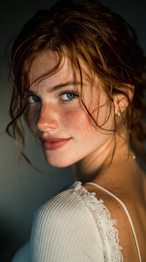 Close-up portrait of a young woman with freckles and reddish-brown hair.  Her hair is slightly wet, framing her face. She is wearing a white ribbed top with delicate lace detailing at the shoulders.  She looks directly at the camera with a soft, inviting expression. The lighting is soft and warm, highlighting her features.