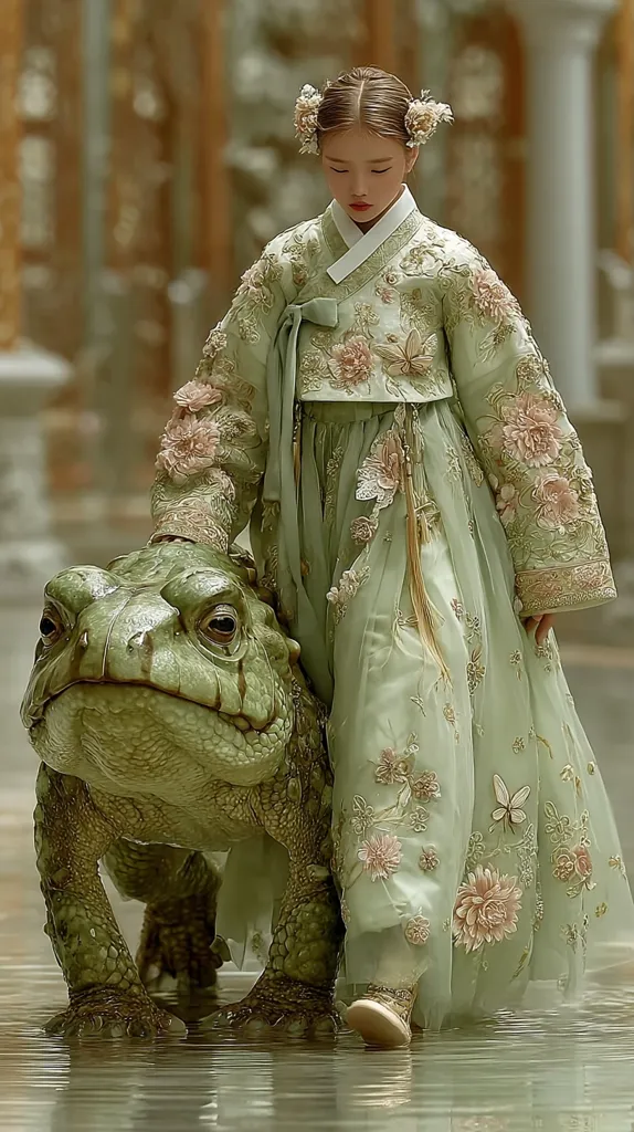 A young girl, elegantly dressed in a pale green Hanbok adorned with delicate floral embroidery, gently guides a large, green toad-like creature.  The scene is serene, with a blurred background suggesting a grand, possibly ancient, setting. The girl's expression is serene, and the overall aesthetic is one of delicate fantasy. The image evokes a sense of magical realism.
