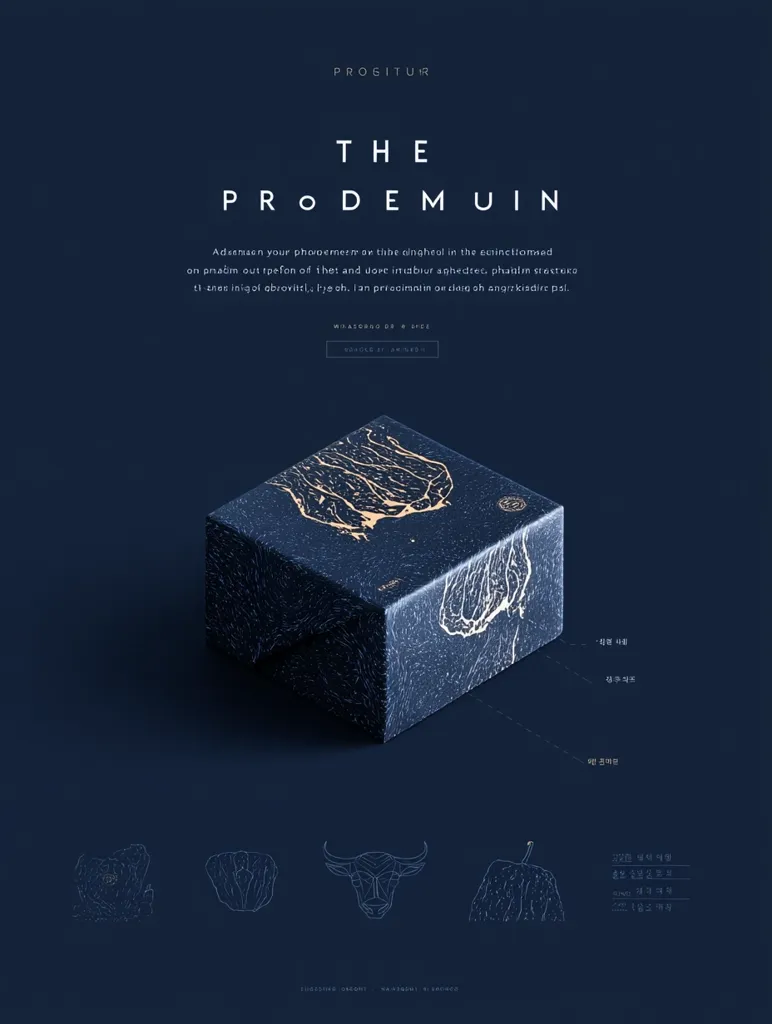 A dark blue promotional image for "The Prodem uin" by ProgituR.  A dark cube features intricate line art, possibly representing constellations or anatomical structures.  Small illustrations of a bull's head and other similar designs are shown below.  Korean text is present, likely detailing product information or ingredients.  The overall aesthetic is minimalist and luxurious.