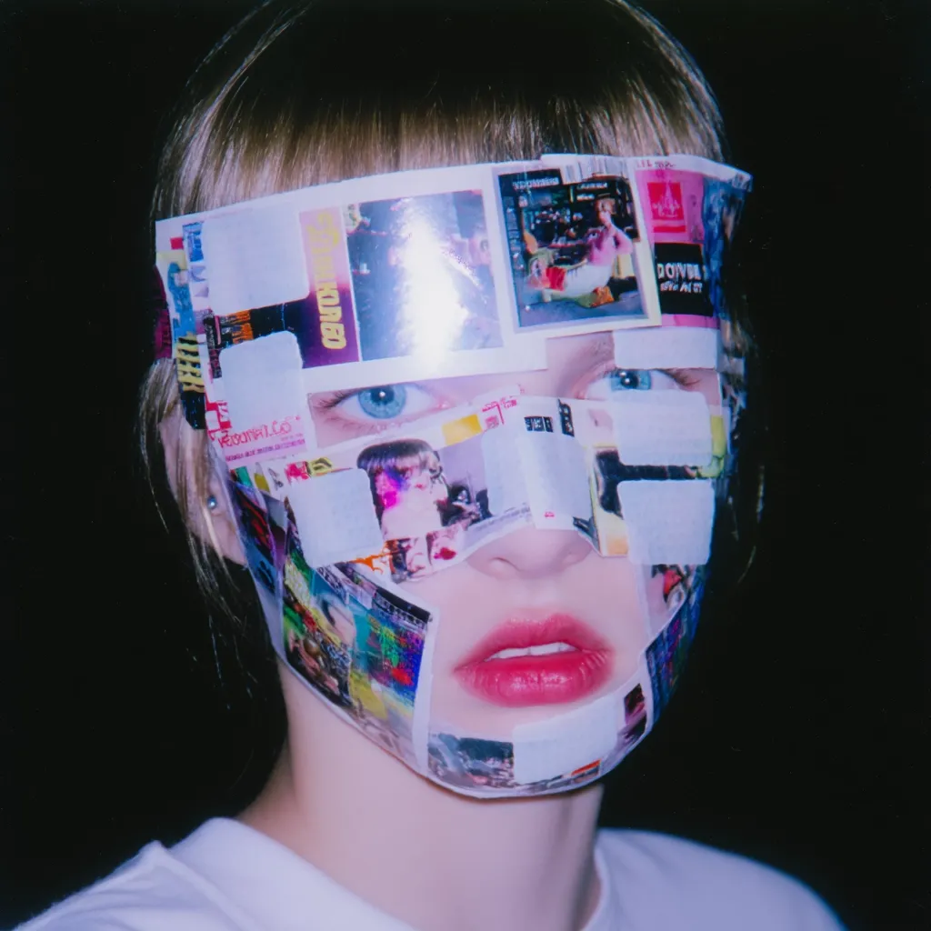 Close-up shot of a person's face partially obscured by a collage of small, colorful images and blank sticker squares.  The images are varied and seemingly random, creating a mask-like effect. The person's eyes and lips are visible through the gaps in the collage. The overall aesthetic is vibrant, slightly chaotic, and reminiscent of zine culture or experimental art. The background is dark, drawing focus to the colorful mask.