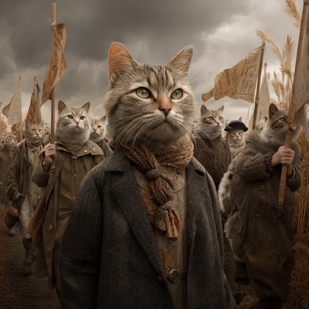 A striking image depicts a solemn procession of cats, each wearing human attire and carrying banners.  The central cat, with a thoughtful expression, is prominently featured, dressed in a tweed coat and scarf.  The other cats follow, their expressions mirroring a sense of purpose and possibly rebellion, creating a surreal and powerful scene. The muted color palette and stormy sky enhance the mood.
