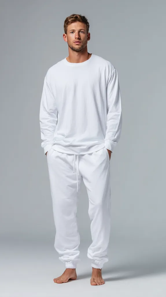 A man with short, light brown hair stands against a light gray background. He is wearing an all-white outfit consisting of a long-sleeved crew neck shirt and matching sweatpants.  The sweatpants are cuffed at the ankles. He has a serious expression on his face, and his hands are in his pockets. The overall look is minimalist and clean.
