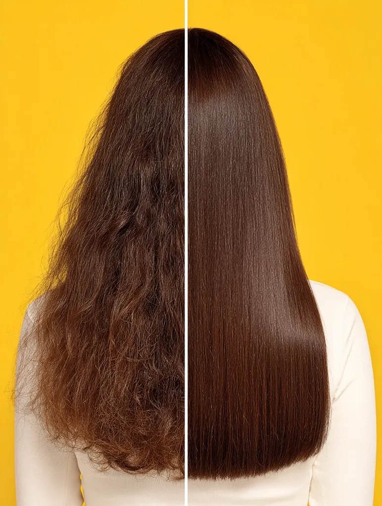 The image shows a before-and-after comparison of hair straightening.  One side displays frizzy, wavy brown hair, while the other side showcases the same hair straightened, smooth, and sleek.  The transformation is dramatic, highlighting the effectiveness of a hair straightening treatment. The model's back is to the camera, against a vibrant yellow background.