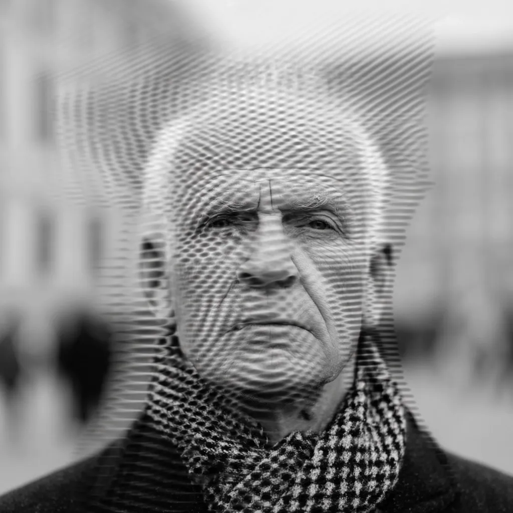 A black and white portrait of an elderly man. His face is superimposed with a textured pattern, creating an abstract effect.  He appears serious and contemplative, wearing a patterned scarf. The background is blurred, suggesting a city street. The image evokes themes of aging, technology, and identity.