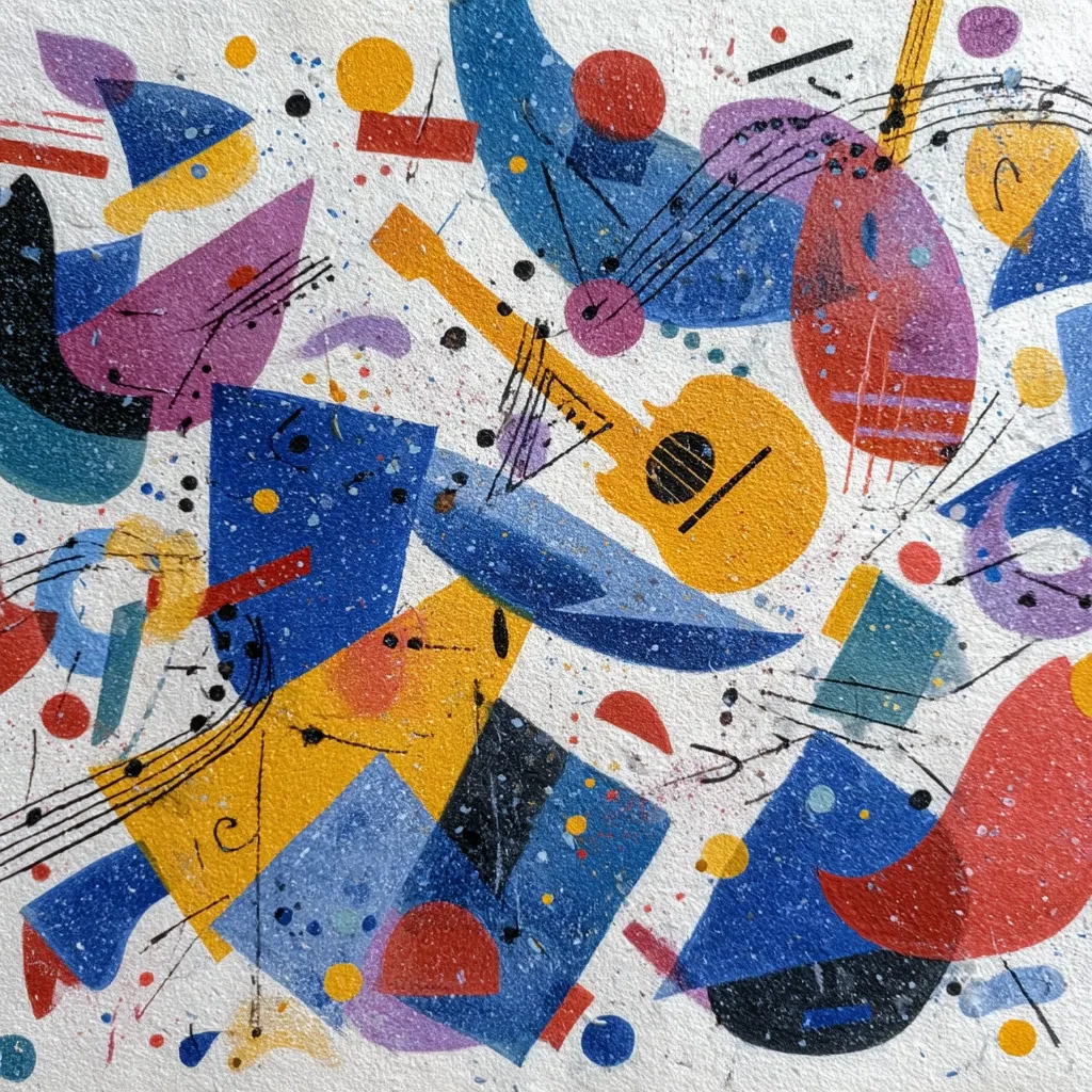 An abstract painting bursts with vibrant colors and geometric shapes.  Blues, yellows, reds, and purples intermingle, creating a dynamic composition.  Musical notes and stylized guitars are integrated into the design, suggesting a theme of music.  The textured surface adds depth, while the interplay of shapes and colors creates a sense of movement and energy.