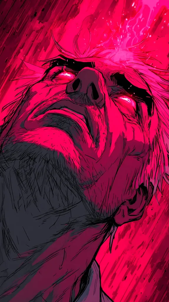 A stylized illustration depicts an older man's face, tilted upward, bathed in intense crimson light. His eyes glow with a fiery intensity, and his expression is one of pain or exertion.  The style is graphic novel-esque, with bold lines and vibrant color contrasting with areas of darker shading.  A surge of energy seems to emanate from his head, adding to the dramatic effect.