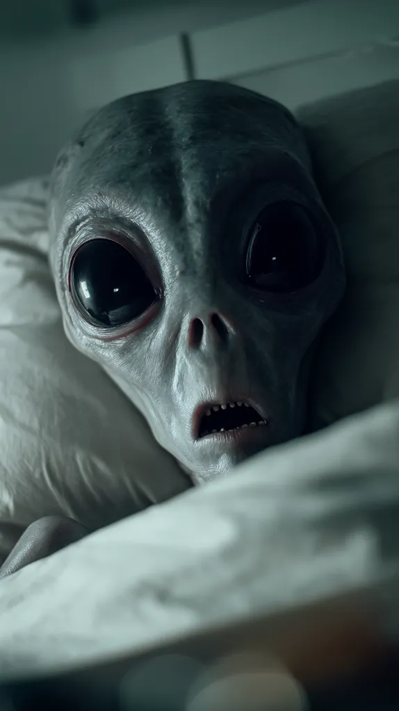A close-up shot depicts a gray alien lying in bed, its large, dark eyes wide open in a look of apparent fear or surprise. Its mouth is slightly open, revealing its teeth.  The alien's skin is smooth and textured, and it is partially covered by a white sheet. The overall mood is eerie and unsettling.