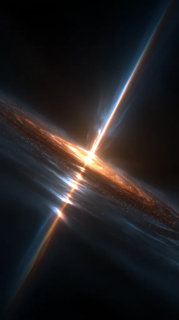 A vibrant beam of light pierces through a cosmic expanse, illuminating a swirling galaxy.  The light's intense energy creates a radiant glow at its point of impact, contrasting against the dark background.  The galaxy's intricate details are highlighted by the light, showcasing a scene of immense power and celestial beauty.  The image evokes a sense of wonder and the vastness of space.