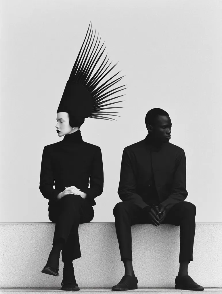 A black and white photograph depicts a woman and a man sitting on a low wall. The woman wears a striking black headdress resembling a stylized sunburst, and both are dressed in minimalist black attire. Their postures are reserved, hands folded in their laps, creating a sense of quiet contemplation or stark contrast against the plain backdrop. The image has a high-fashion or avant-garde aesthetic.