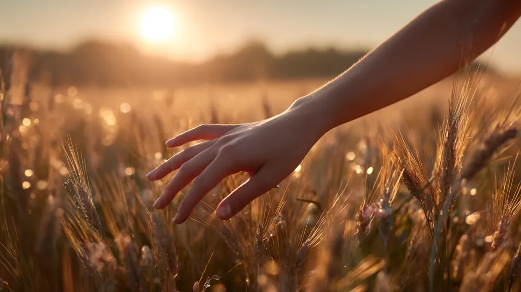 A hand gently touches tall, golden wheat stalks in a field at sunset.  The warm light bathes the scene, creating a tranquil and peaceful atmosphere.  The image evokes feelings of serenity and connection with nature.  Dew drops glisten on the wheat, adding to the idyllic setting.