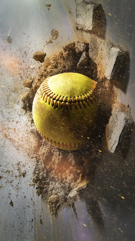 A yellow softball explodes through a concrete wall, creating a dramatic cloud of dust and debris.  The force of the impact is evident in the shattered pieces of wall and the swirling dust particles. The softball itself is slightly dirty, suggesting intense action. The image is dynamic and powerful, conveying a sense of raw energy and unstoppable force.