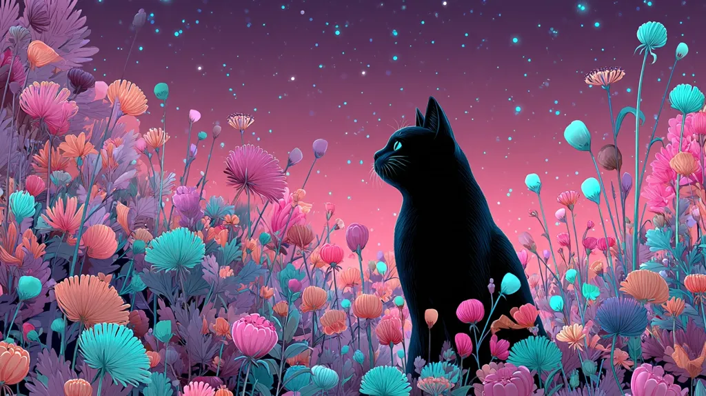 A black cat sits serenely amidst a vibrant field of stylized flowers under a twilight sky dusted with stars.  The flowers are predominantly pink, orange, and teal, creating a surreal and dreamlike atmosphere. The cat gazes thoughtfully into the distance, its silhouette sharp against the colorful blooms. The overall scene is peaceful and enchanting.