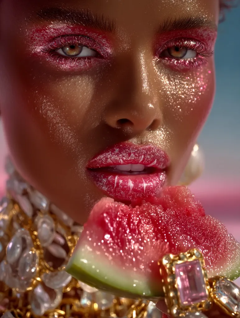 Close-up of a woman's face adorned with sparkling pink makeup.  Her lips are coated in a shimmering pink gloss, and she's biting into a glistening slice of watermelon.  She wears a large, ornate gold necklace with iridescent accents. The overall effect is vibrant, luxurious, and slightly surreal.