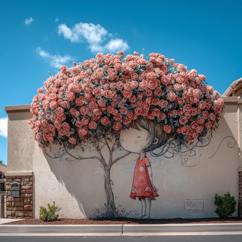 A vibrant mural depicts a girl standing beneath a whimsical rose tree.  The tree's blossoms form a voluminous, pink hair-like crown above her head.  The girl is drawn in a simple, childlike style, wearing a red dress. The mural is painted on a light beige wall, contrasting beautifully with the bright pink roses and clear blue sky. The artist's signature is subtly placed at the bottom.