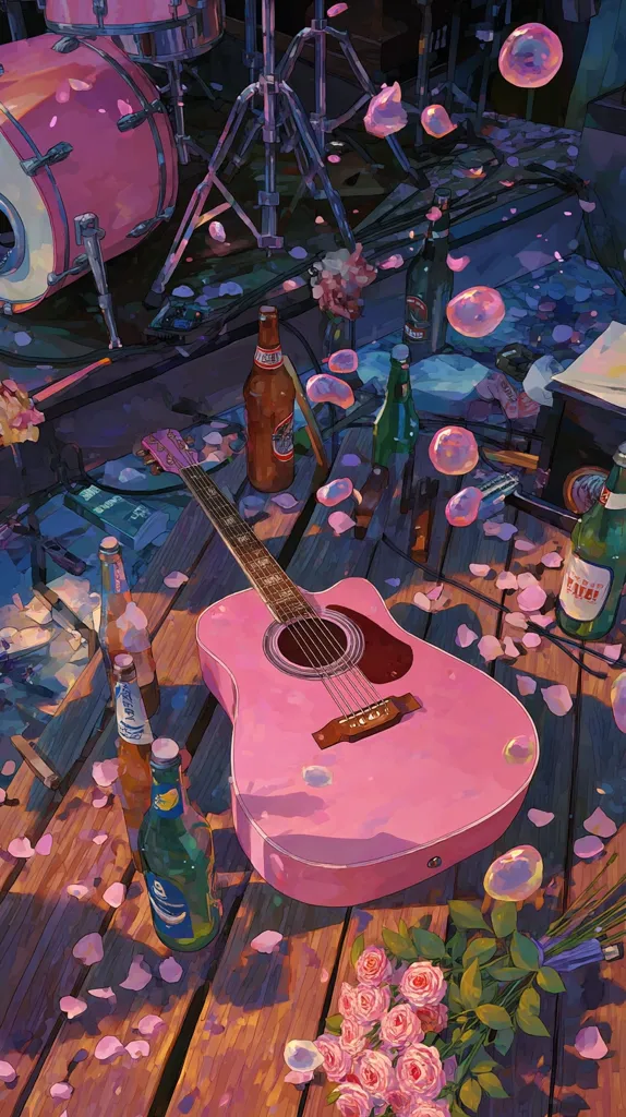 A pink acoustic guitar rests on a wooden surface strewn with rose petals and empty beer bottles.  A drum set is visible in the background, partially obscured by the scattered petals and floating soap bubbles. The overall scene is soft, dreamy, and evokes a feeling of peaceful relaxation after a musical performance.  The warm lighting enhances the romantic atmosphere.